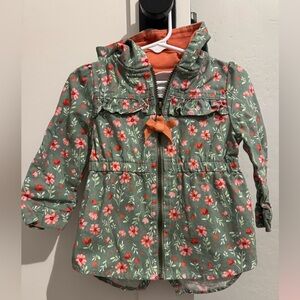 Little Lass girls' green floral cotton blend zip-up hooded utility jacket 2T